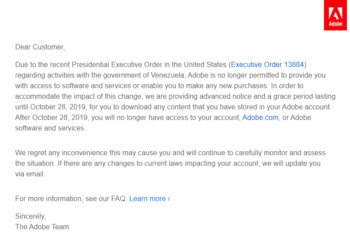 Adobe, Paralı ya da Parasız Tüm Venezüela Hesaplarını İptal Etti