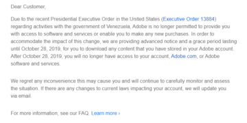 Adobe, Paralı ya da Parasız Tüm Venezüela Hesaplarını İptal Etti