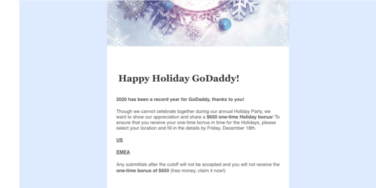 GoDaddy Çalışanlarına Test İçin Tatil Bonusu Kimlik Avı Maili Gönderdi