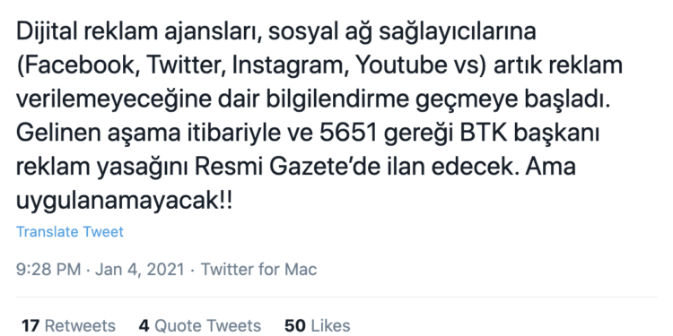 Sosyal Medya Firmalarına Yönelik Reklam Yasağı Bilgilendirmeleri Başladığı Konuşuluyor