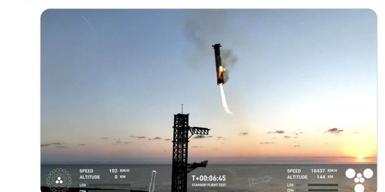 SpaceX, 5. Uçuş Testinde Starship Roket Güçlendiricisini İnişte Başarıyla Yakaladı