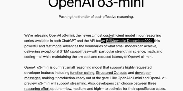 OpenAI, Akıl Yürütme Modeli “o3-mini”yi Duyurdu
