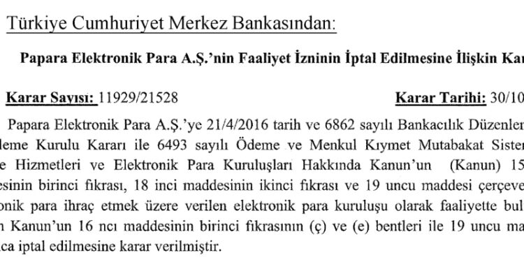Papara’nın Faaliyet İzni İptal Edildi